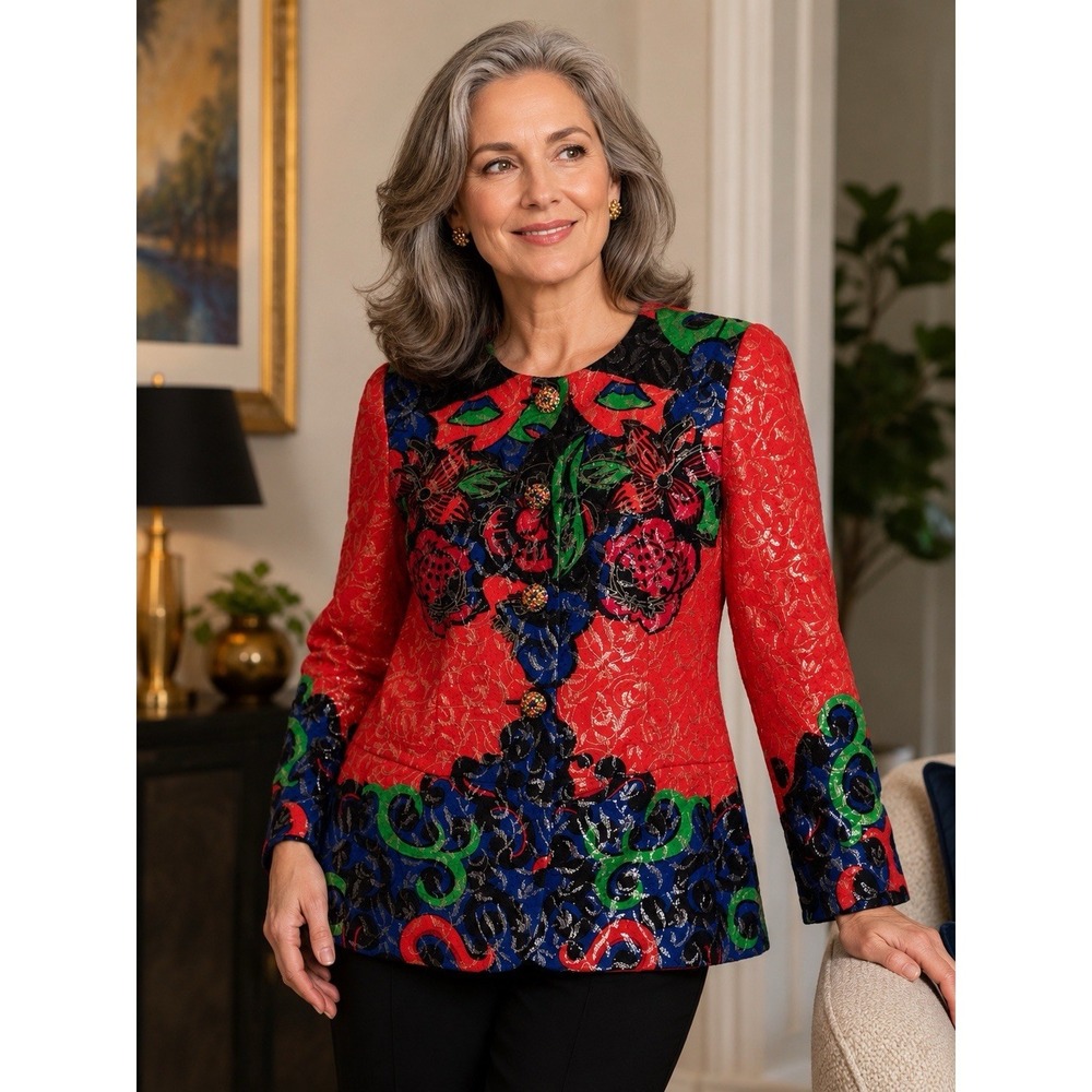ESCADA Margaretha Ley Blazer Jacket Silk Wool Metallic size 40 Colorful Floral